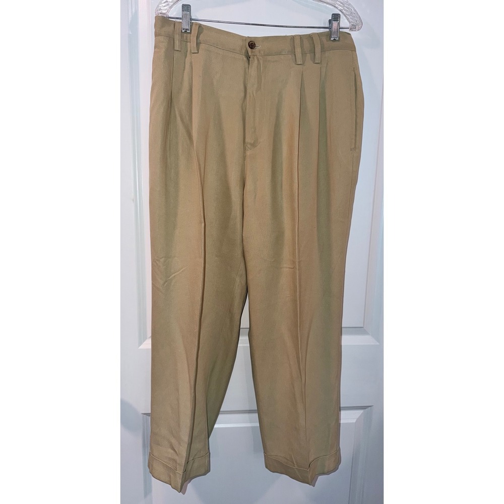 Tommy Bahama Relax Mens 34X26 Tan 100% Silk Pleated Cuffed Trousers Dress Pants